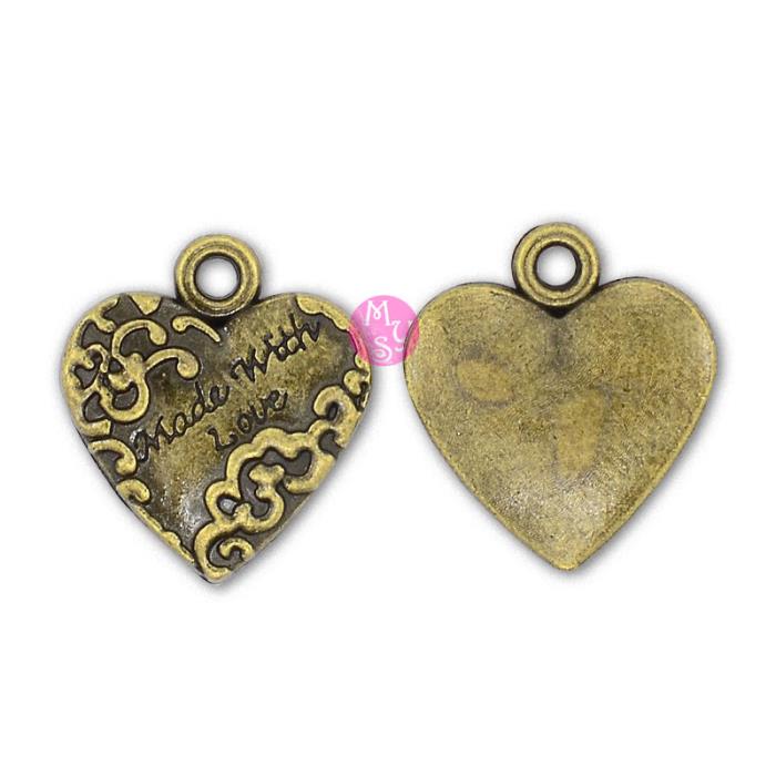 4 Charm bronzo cuore Made with Love con decorazione