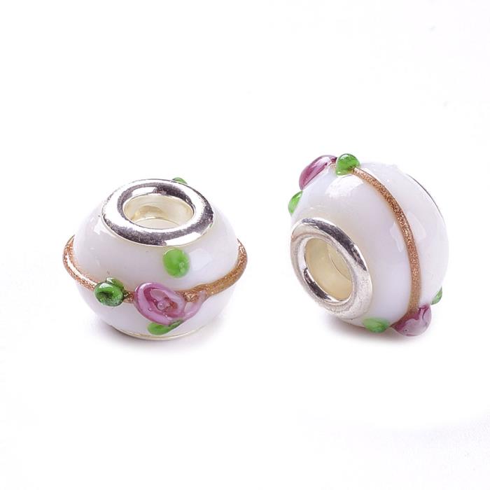 Perla vetro lampwork - Mod. 02 - Bianco con fiori rosa