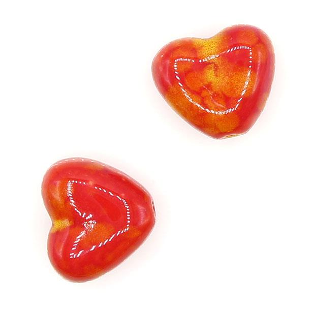2 Perle a cuore in porcellana 21mm - colore: ROSSO ARANCIO