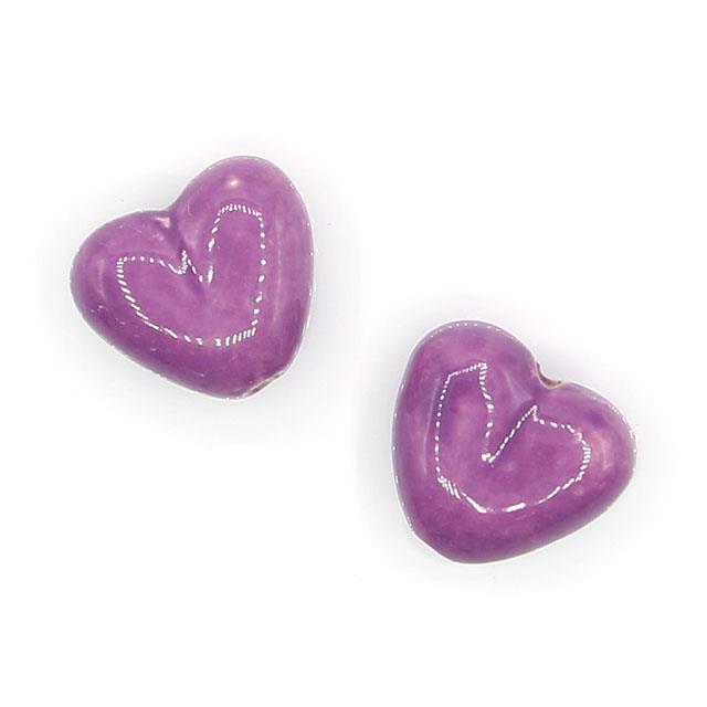 2 Perle a cuore in porcellana 21mm - colore: VIOLA