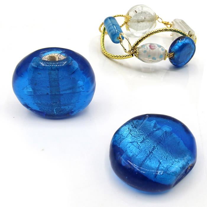 Perle tonde in vetro lampwork foglia argento - Mod. 07 - Colore: BLU