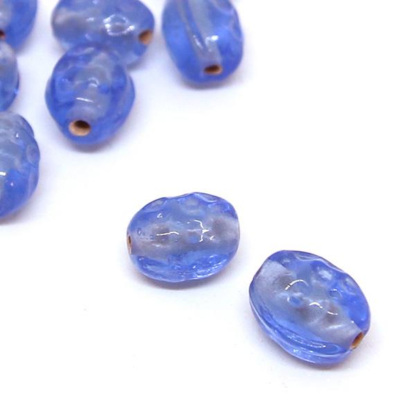 10 Perle vetro ovali con puntini incavati - colore: CIELO