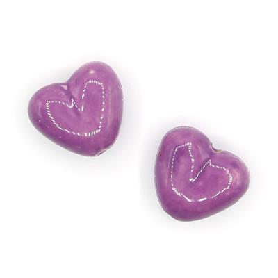 2 Perle a cuore in porcellana 21mm - colore: VIOLA